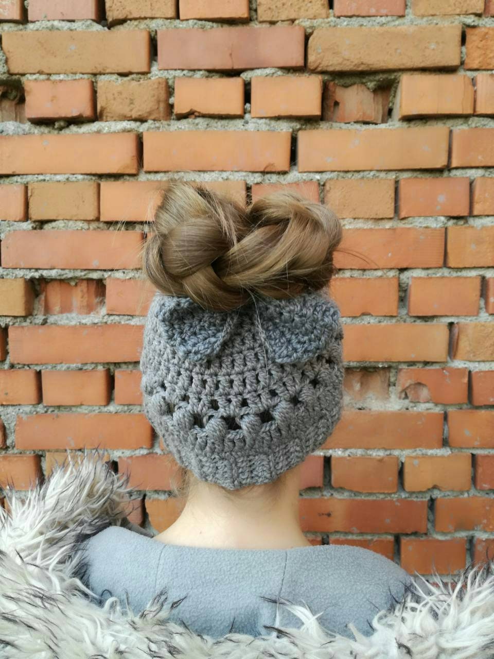 Bow Messy Bun Hat Crochet Women Hat 