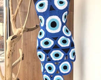 Evil Eye Crochet Dress: Asymmetrical Boho Resort Cover-Up