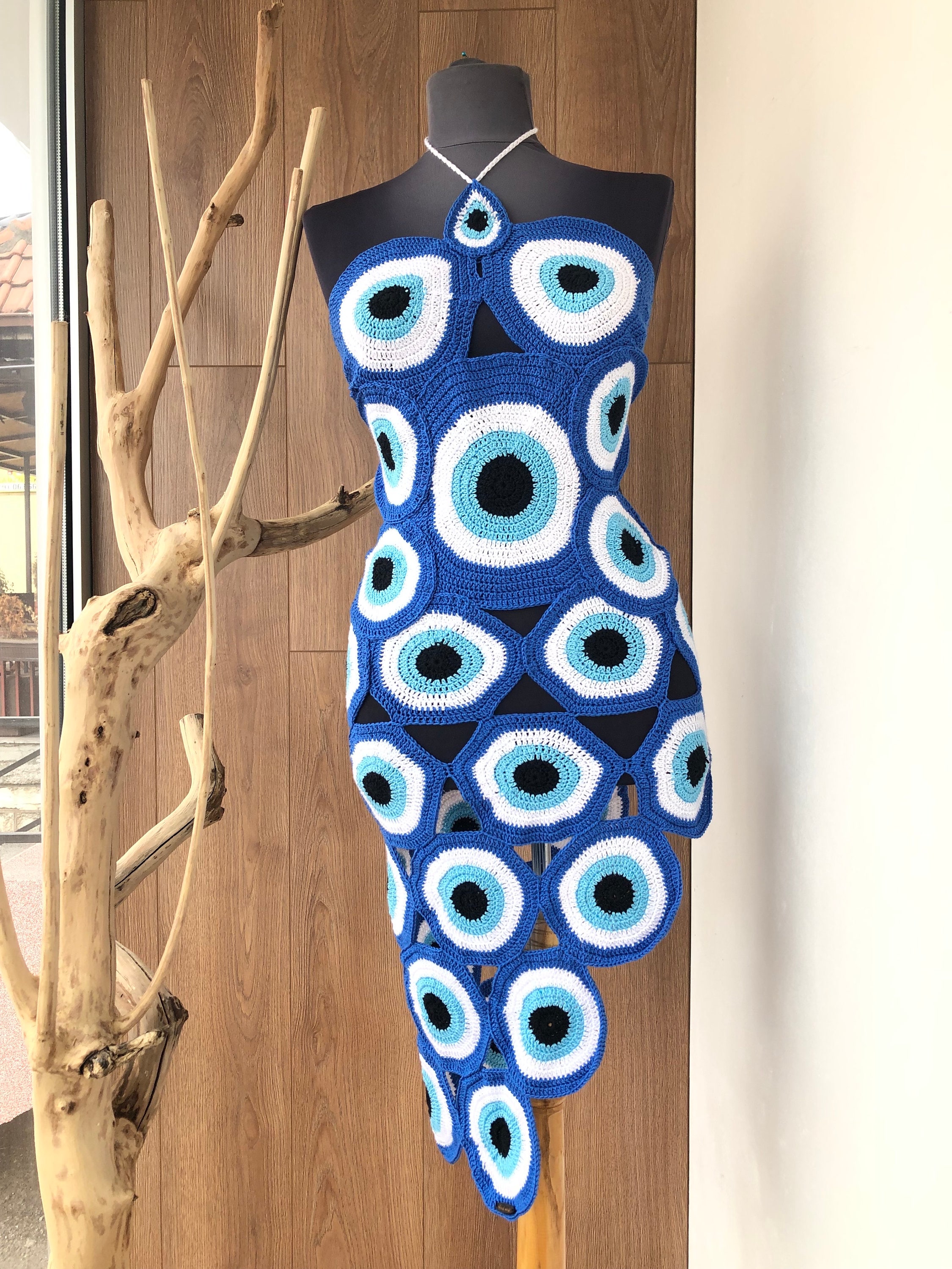 Evil Eye Crochet Dress: Asymmetrical Boho Resort Cover-Up Evil Eye Crochet Dress: Asymmetrical Boho Resort Cover-Up