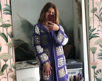 Handmade Granny Square Crochet Cardigan: Boho 70s Retro Knit Jacket