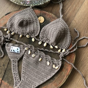 Sea Shell Crochet Bikini set Thong bikini Triangle Swimsuit Gift for wife Cowrie shell bikini Bra Handmade Bohemian Boho swimwear image 3
