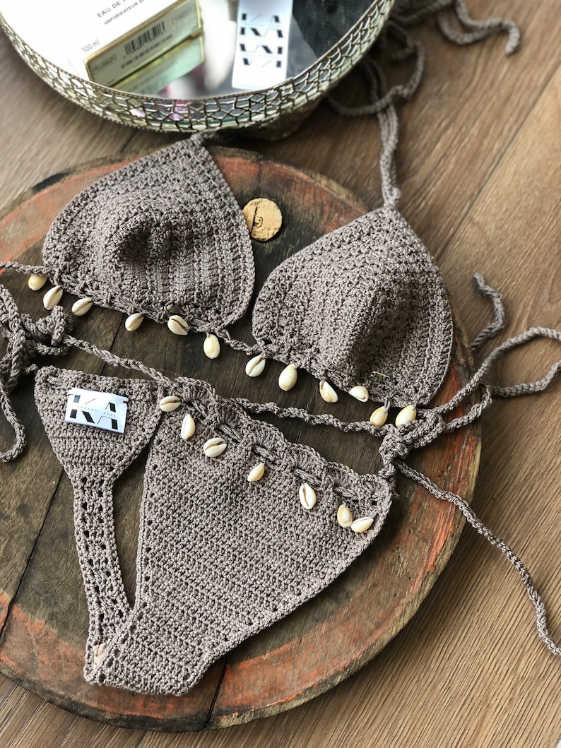 Sea Shell Crochet Bikini set Thong bikini Triangle Swimsuit Gift for wife Cowrie shell bikini Bra Handmade Bohemian Boho swimwear image 3
