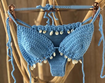 Brazilian Crochet Bikini with Shells – Handmade Boho Swimwear, Brown Festival Beach Set, Cheeky Fit, Island Vibes Summer Outfit