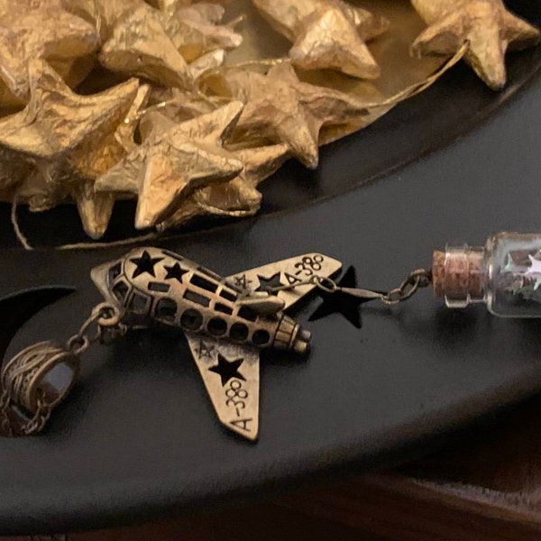 Wanderlust Airplane bottle star bronze vintage necklace