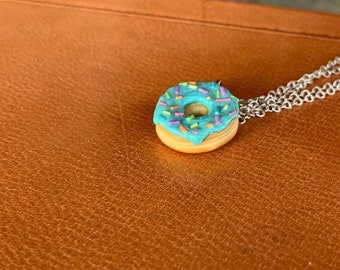 Polymer clay miniature necklace donut blu glaze colourful sprinkles