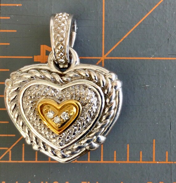 Vintage Puff Heart Pendant Silver and 18 Karat Ye… - image 3
