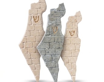 Custodia per Mezuzah in pietra di Gerusalemme: mappa moderna di Israele fatta a mano, Judaica, oro, ebraico Shin