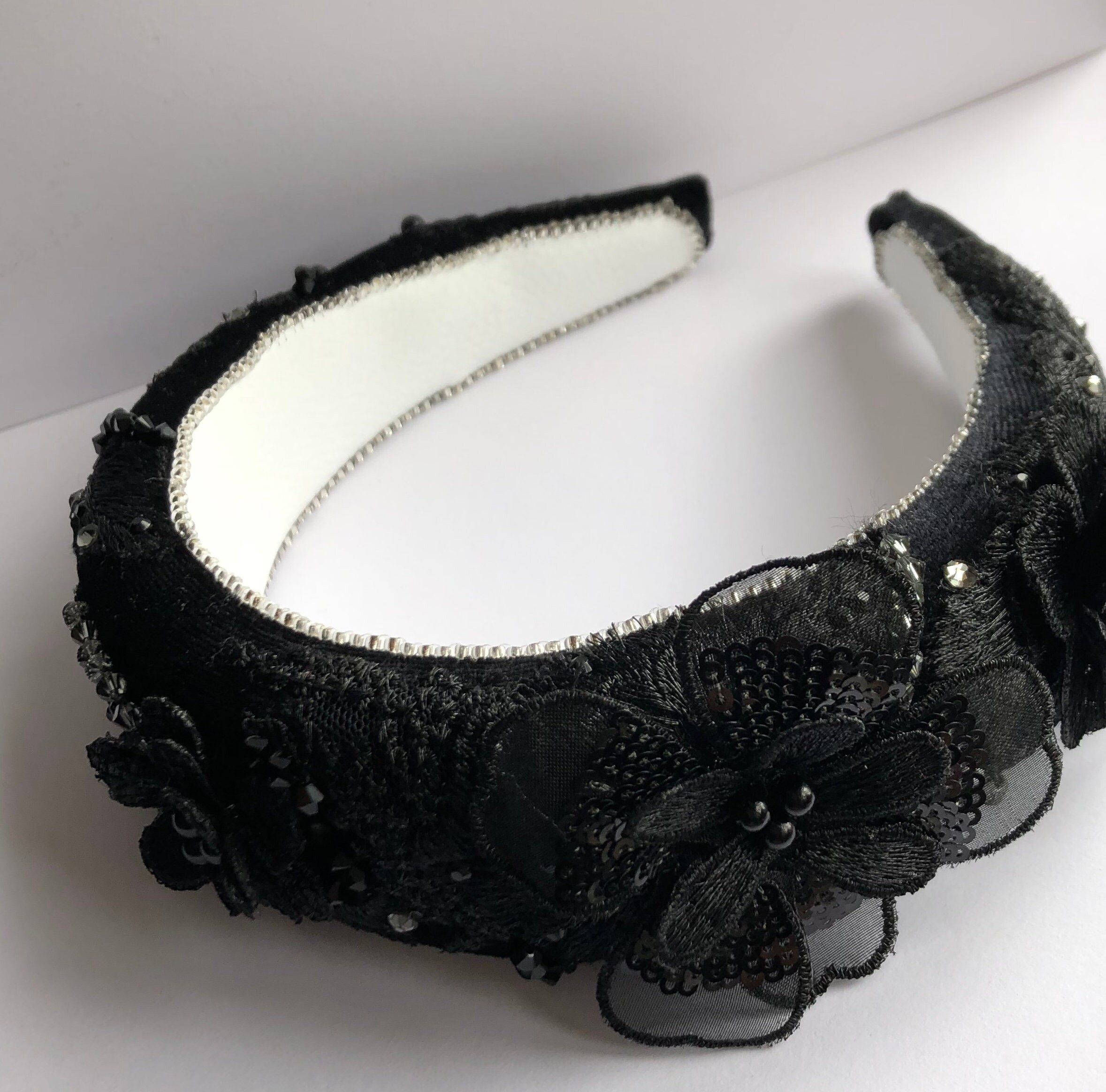 SAMANTHA Luxury Hand Sewn Lace Headband Black Pearl Etsy UK