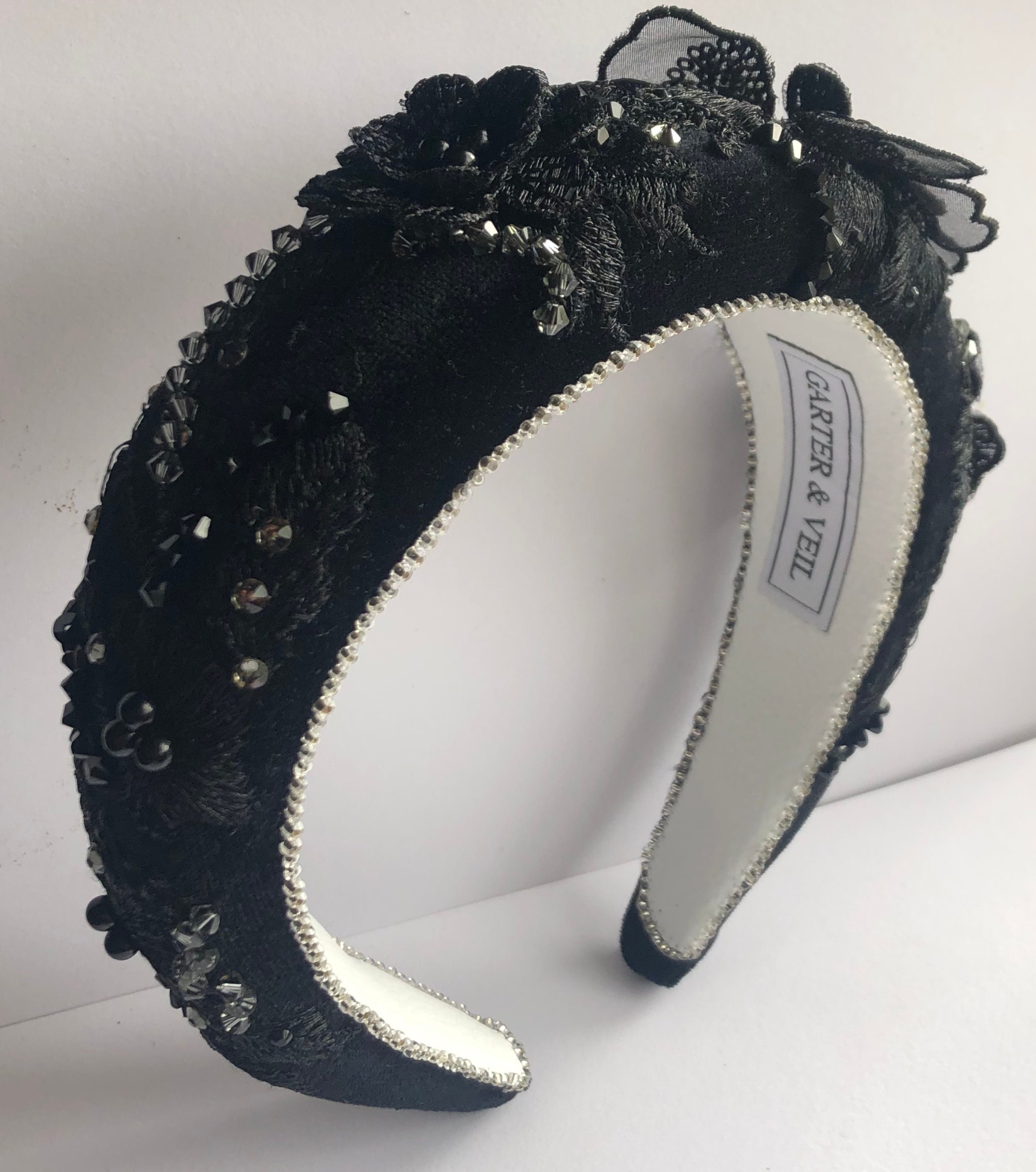 SAMANTHA Luxury Hand Sewn Lace Headband Black Pearl Etsy UK
