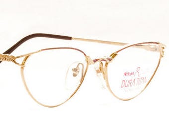 NIKON ROUGE Glasses Vintage Shallow Panto Shaped Eyewear Unusual Gold & Purple Designer Glasses Frames