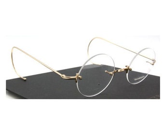 Shiny Gold Rimless True Round Prescription Glasses By Beuren 1919 With Saddle Bridge And Curlside Arms 40mm-50mm Lens Size B450