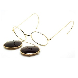 True Round Shiny Gold Eyewear And Matching Sunglasses Clip By Beuren Model 1700 With Saddle Bridge And Curlsides B48+