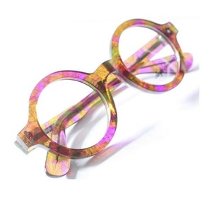 True Round Eyewear Anglo American 180E Thick Rimmed Acetate Glasses In A Multicoloured Green & PurpleAA 180E MC21 (B13b)