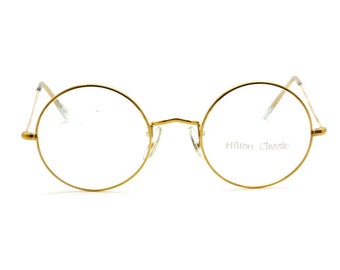 True Round Glasses HILTON CLASSIC Eyewear by Savile Row 44mm Vintage Frames 14kt Rolled Gold Spectacles With Sun Clip B134