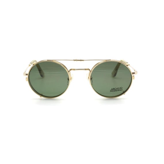 2 in 1 Archivio Moderno Luxury Round Glasses Gold Finish With Option Of Sun Clip On And Self Adjustable Temple Size