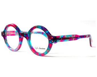 Round Acetate Glasses By Anglo American 180E Thick Rimmed True Round Eyewear In A Superb Mutlicolour Of Blue, Pink & Purple