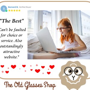 May include: A young person wearing round glasses sits on a bed and uses a laptop computer. The text "The Best" and a quote about the website being "outstandingly attractive" are visible. The image also includes a cartoon sheep wearing glasses and the text "The Old Glasses Shop".