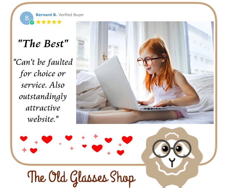 May include: A young person wearing round glasses sits on a bed and uses a laptop computer. The text "The Best" and a quote about the website being "outstandingly attractive" are visible. The image also includes a cartoon sheep wearing glasses and the text "The Old Glasses Shop".