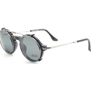 May include: Black and silver-toned sunglasses with round lenses. The sunglasses have a unique design with a black frame and silver-toned arms. The lenses are a dark gray color. The text "ARCHIVO MODERNO" is visible on the lens.