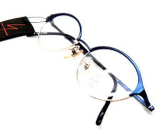 Vintage Oval Frames By Yamamoto 8103 Japanese Designer Spectacle Frames In Blue And Silver With Half Rim Effect