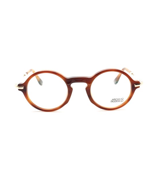2 in 1 Archivio Moderno Round Italian Luxury Eyewear In Tan Acrylic & Gold With Folding Sun Clip and Variable Arm Length