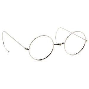 May include: Silver round frame spectacles with thin metal arms.