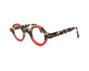 Occhiali da sole rotondi veri di Schnuchel 4030 con montatura spessa in stile vintage, fatti a mano, effetto tartaruga e rosso, 37 mm/43 mm, con clip per il sole B840