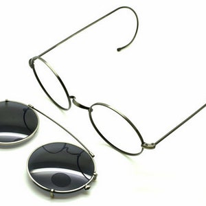 Antique Silver Savile Row Style True Round Eyewear By Beuren Model 1700 With Padless Bridge, Curlsides and Matching Sun Clip B51+