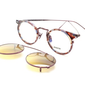 Italian Glasses ENEA Titanium & Acetate Round Glasses In Burgundy And Tortoiseshell Effect With Matching Sun Clip Option B612