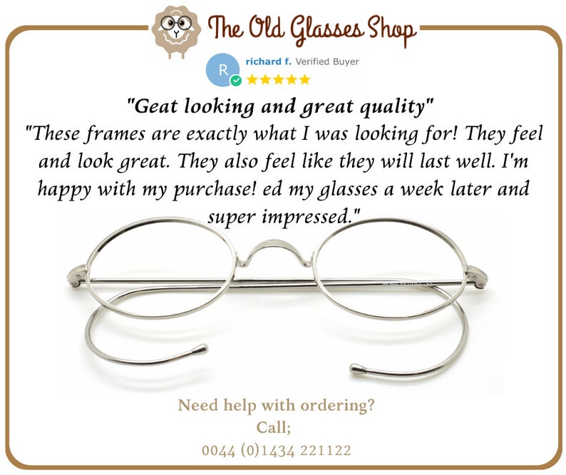 May include: A customer review for a pair of silver round glasses with a quote: "Geat looking and great quality" These frames are exactly what I was looking for! They feel and look great. They also feel like they will last well. I'm happy with my purchase! ed my glasses a week later and super impressed."