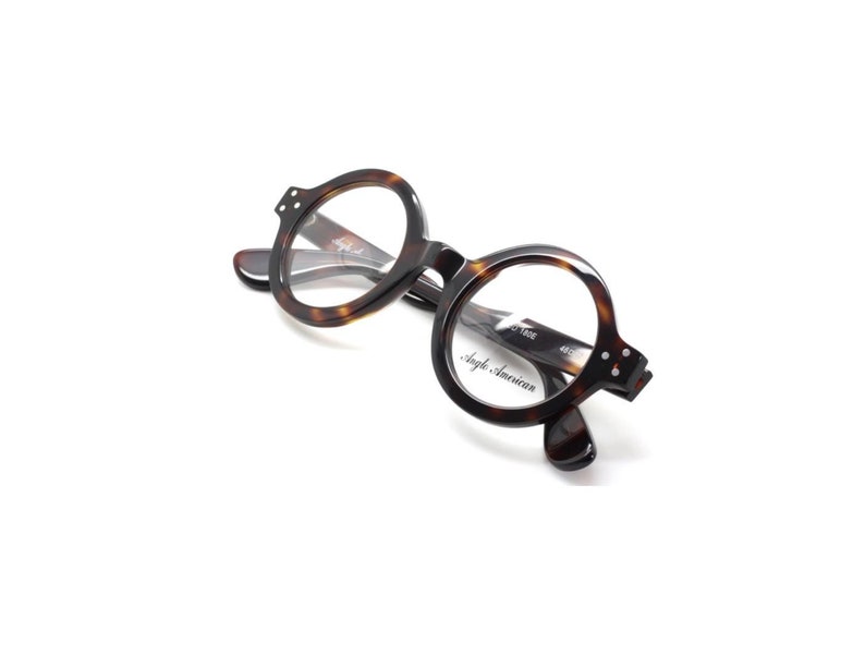 Anglo American 180E Glasses, thick rim round eyewear in a dark amber acetate finish.