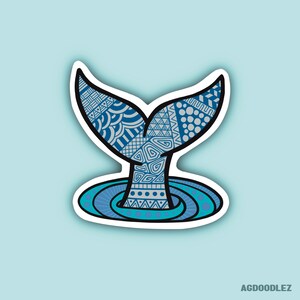 Blue Zentangle designed Whale Tail Waterproof Sticker