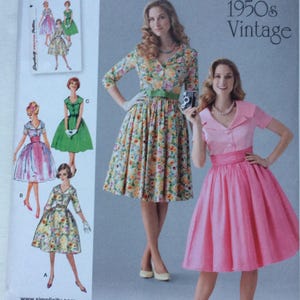 May include: Simplicity sewing pattern number 1459, for sizes US 8-16, Euro 34-42, French 36-44. The pattern is for a 1950s vintage dress with a variety of styles, including a floral print dress with a green sash, a pink dress with a white collar, and a green dress with a white collar. The pattern includes instructions and diagrams for sewing the dress.