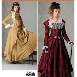 May include: Simplicity sewing pattern number 2172 for a steampunk-inspired dress with a long skirt, a fitted bodice, and a jacket with a ruffled collar. The dress is shown in two variations: one in a tan color and the other in a burgundy color.
