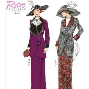 May include: A vintage sewing pattern for a women's coat and skirt. The pattern is from Butterick and is number B6108. The pattern is for size 12. The coat is a purple color and the skirt is a plaid pattern.