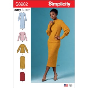 May include: Simplicity sewing pattern number S8982, easy-to-sew, for a dress, top, and skirt. The pattern shows a woman wearing a yellow top and skirt, and a close-up of the different pieces.