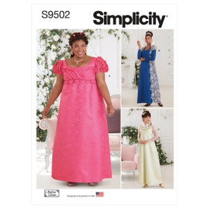 Simplicity 9502 Bridgerton Regency Empire Dresses and Costumes. Size 10 - 18 or Size 20W - 28W