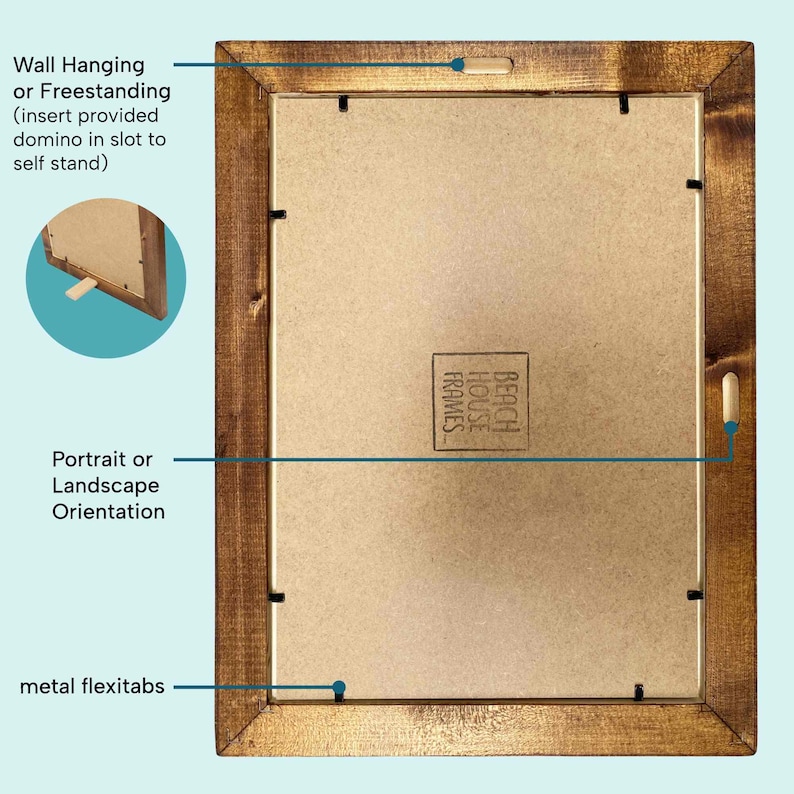 The image is a detailed diagram of a wooden frame with a blank canvas inside, labeled with various features such as wall hanging or insert, portrait orientation, metal flexibs, and a wall hook.
