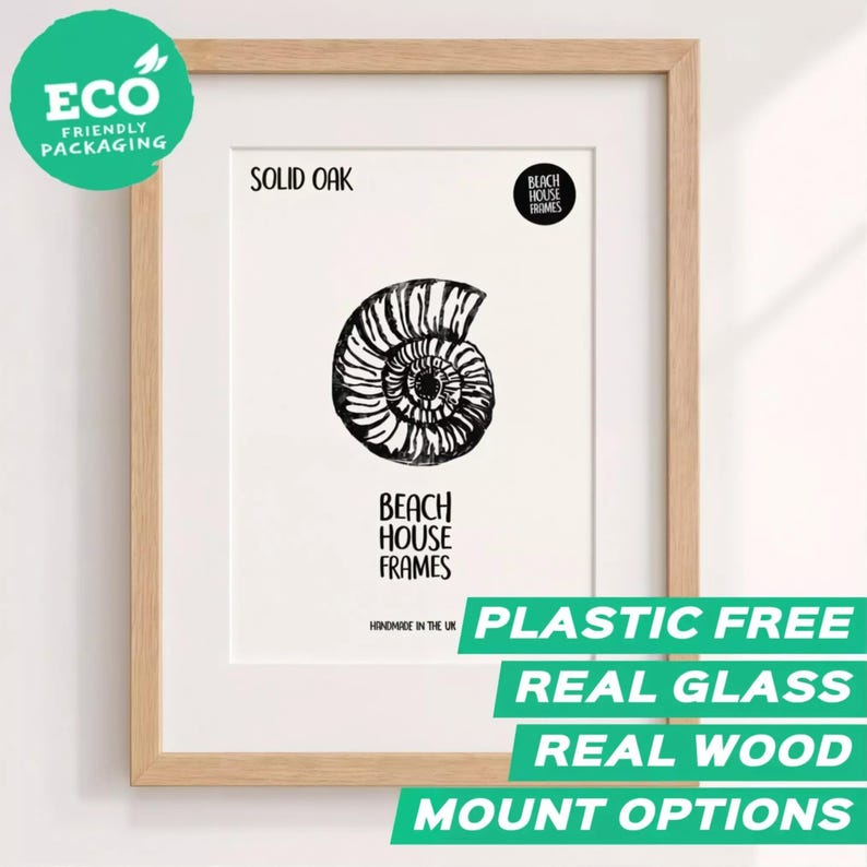 a framed artwork with a black and white illustration of a shell or nautilus on the inside. The frame is made of solid oak and has a wooden border. The artwork is described as "Plastic free", "Real glass", "Real wood", and "Mount options".