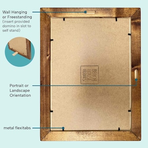 The image is a detailed diagram of a wooden frame with a blank canvas inside, labeled with various features such as wall hanging or insert, portrait orientation, metal flexibs, and a wall hook.