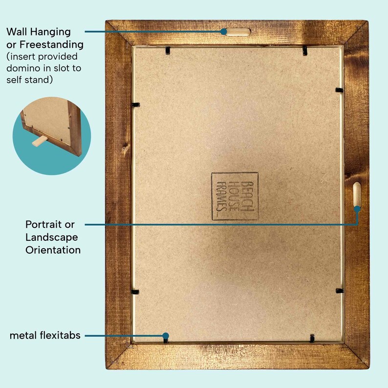 The image is a detailed diagram of a wooden frame with a blank canvas inside, labeled with various features such as wall hanging or insert, portrait orientation, metal flexibs, and a wall hook.