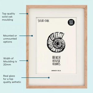 The image is a detailed diagram of a framed picture, highlighting its features such as the top quality solid oak moulding, mounted or unmounted options, the width of the moulding, and the handcrafted nature of the frames.