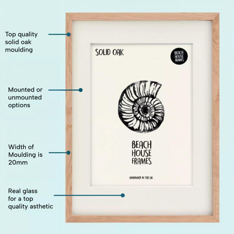 The image is a detailed diagram of a framed picture, highlighting its features such as the top quality solid oak moulding, mounted or unmounted options, the width of the moulding, and the handcrafted nature of the frames.