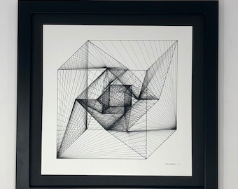 May include: Black and white framed print of a geometric design with intersecting lines creating a 3D effect. The print is signed "Ruth Guggenheim 19"