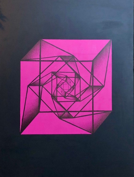 Pointillism Tesseract in Magenta - Original