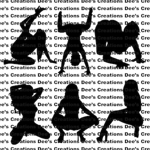 Könnte beinhalten: Silhouetten von vier Frauen in verschiedenen Posen. Die Frauen tragen alle Dessous oder Badebekleidung. Der Hintergrund ist ein weißes Muster mit dem Text "Dee's Creations" wiederholt.