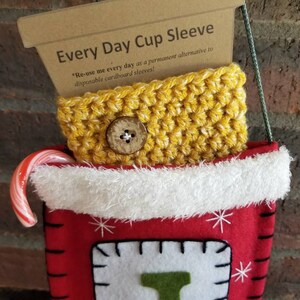 Crochet Coffee Cup Cozy Mustard Yellow Tweed with Button Ski Lodge Tweeds Everyday Cup Sleeve in Saffron