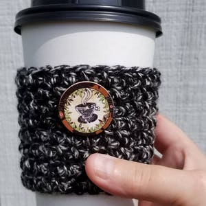 Crochet Coffee Cup Cozy Black Tweed with Coffee Theme Button Crochet Everyday Cup Sleeve