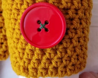 Crochet Coffee Cup Cozy Christmas Gold with Big Red Button Hot Chocolate Everyday Cup Sleeve