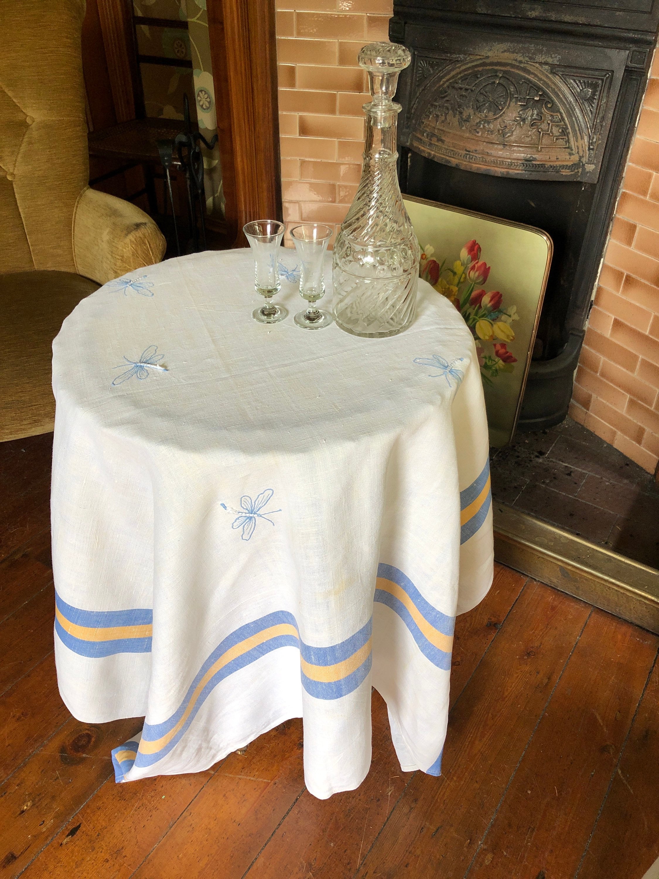 Lovely vintage mid century Irish linen embroidered tablecloth. Etsy
